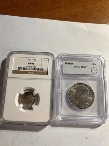 1947 10c Silver MS65 NGC & 1988-D 50C ICG MS67