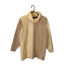 Vintage Jeanne Pierre Cream Tan Cable Knit Colorblock Angora Turtleneck Sweater