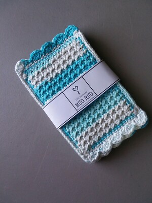 Set of 4 Handmade Crocheted Mug Rugs/Coasters-Aqua & White-''Ocean Waves'' -New