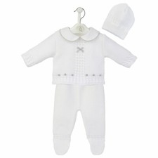 NEUGEBORENES BABY MÄDCHEN JUNGE WEISS STRICKPULLOVER LEGGINGS & MÜTZE OUTFIT GESCHENKSET 0-6 M