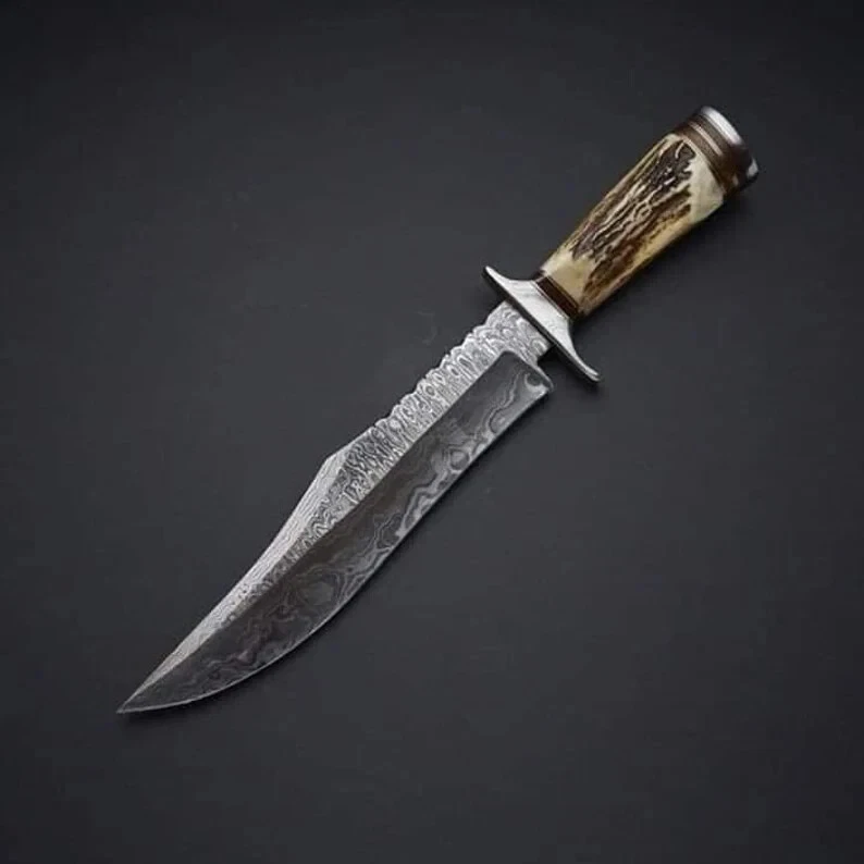 PERSONALIZED HANDMADE DAMASCUS STEEL BOWIE HUNTING KNIFE WITH HORN STAG HANDLE