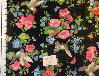 Cranston Hummingbird Morning Glory Floral on Black Cotton Fabric By the Yard