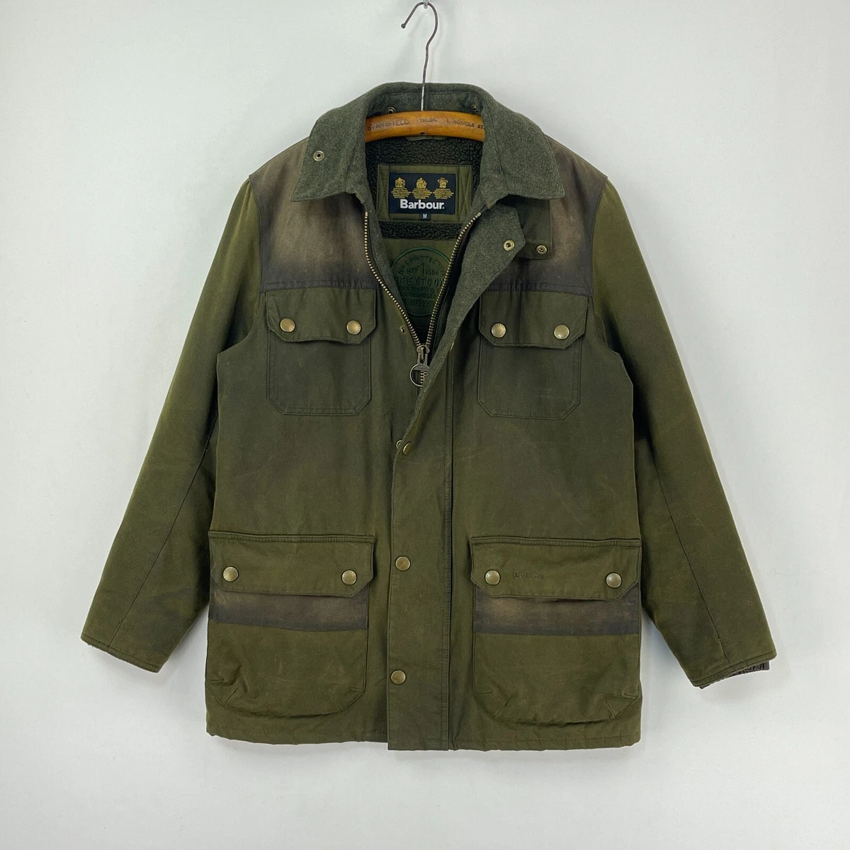 Barbour Greatcoat Welford Wax Jacket Mens Medium Green Waxed Utility Coat Tweed