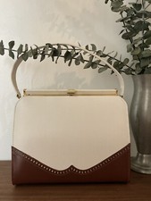 1960s An Air Step White Saddle Brown Wingtip Handbag, Vintage Purse, Retro Mod