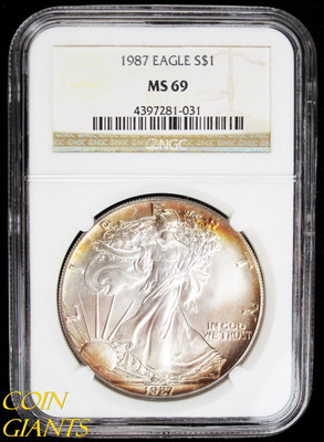 1987 S$1 Silver Eagle Golden Toned NGC MS69 BU Bullion US Coin