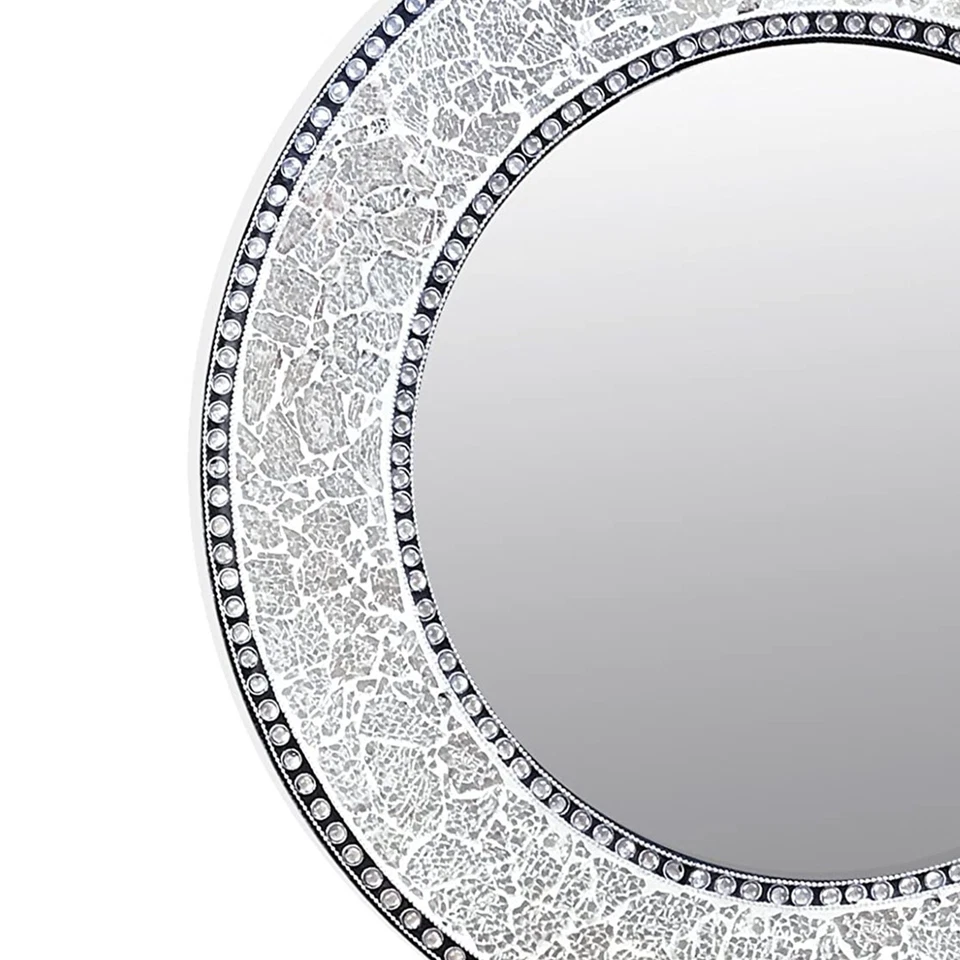 24" Silver Round Wall Mirror, Crackled Glass Mosaic, Decorative Mirror - Image 2 of 4