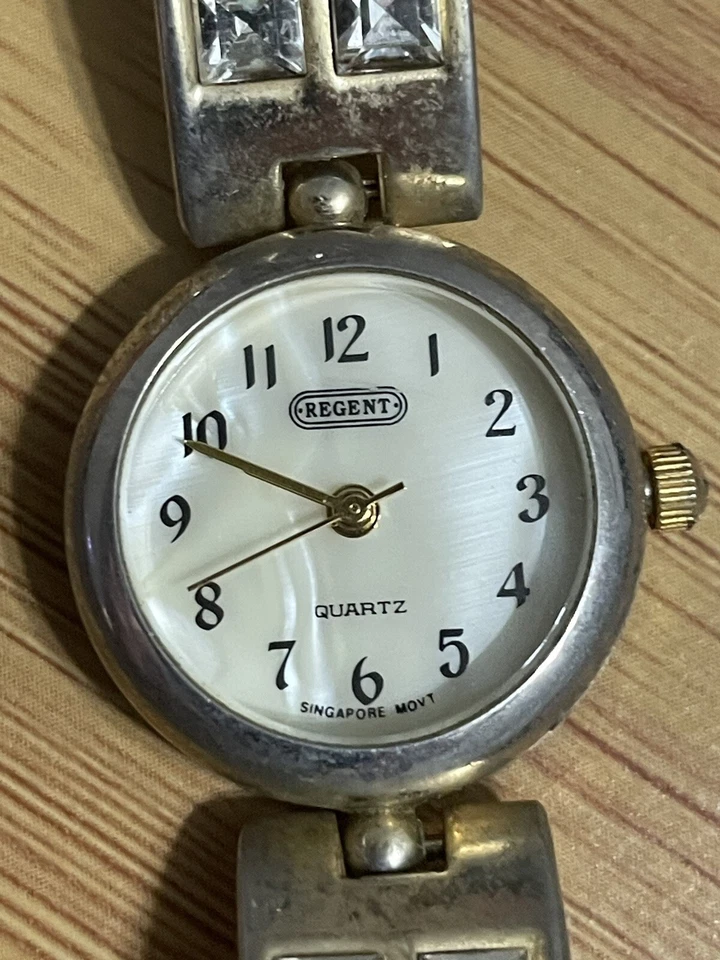 Vintage Regent Watch Womens Silver Tone Mother Of Pearl Dial & Bejeweled Band!! - Image 2 of 4