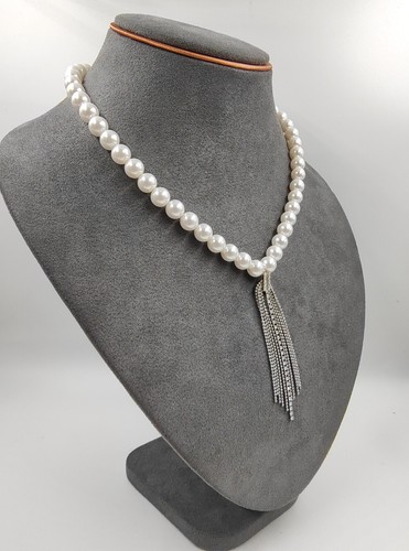 17" White 8mm Shell Pearl Choker Crystal Pearl Necklace S925 Sliver Tassel Clasp - Picture 4 of 11