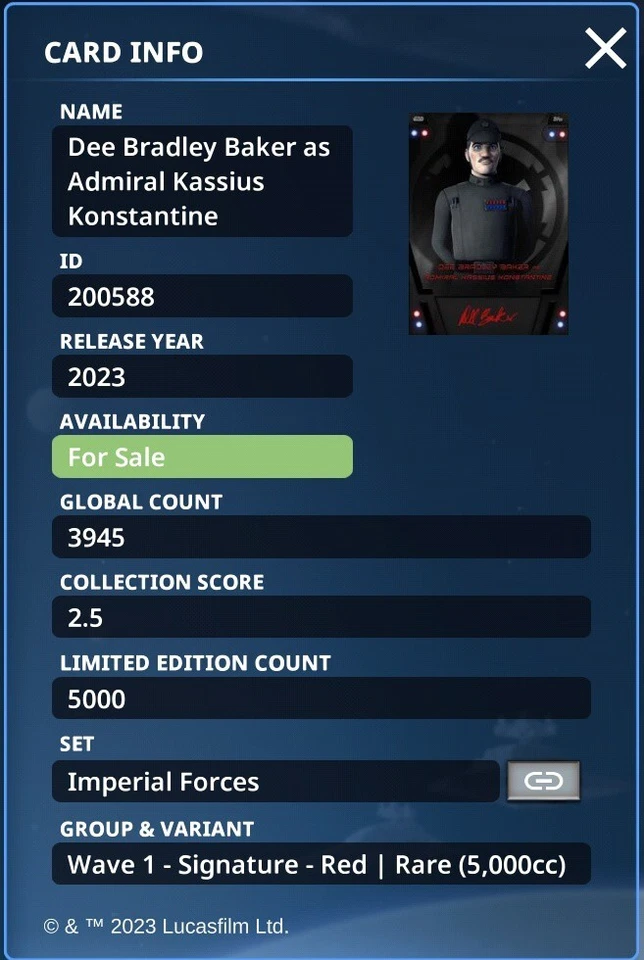 Topps Star Wars Card Trader 2023 Imperial Forces Admiral Kassius Digital Card - Image 3 of 3