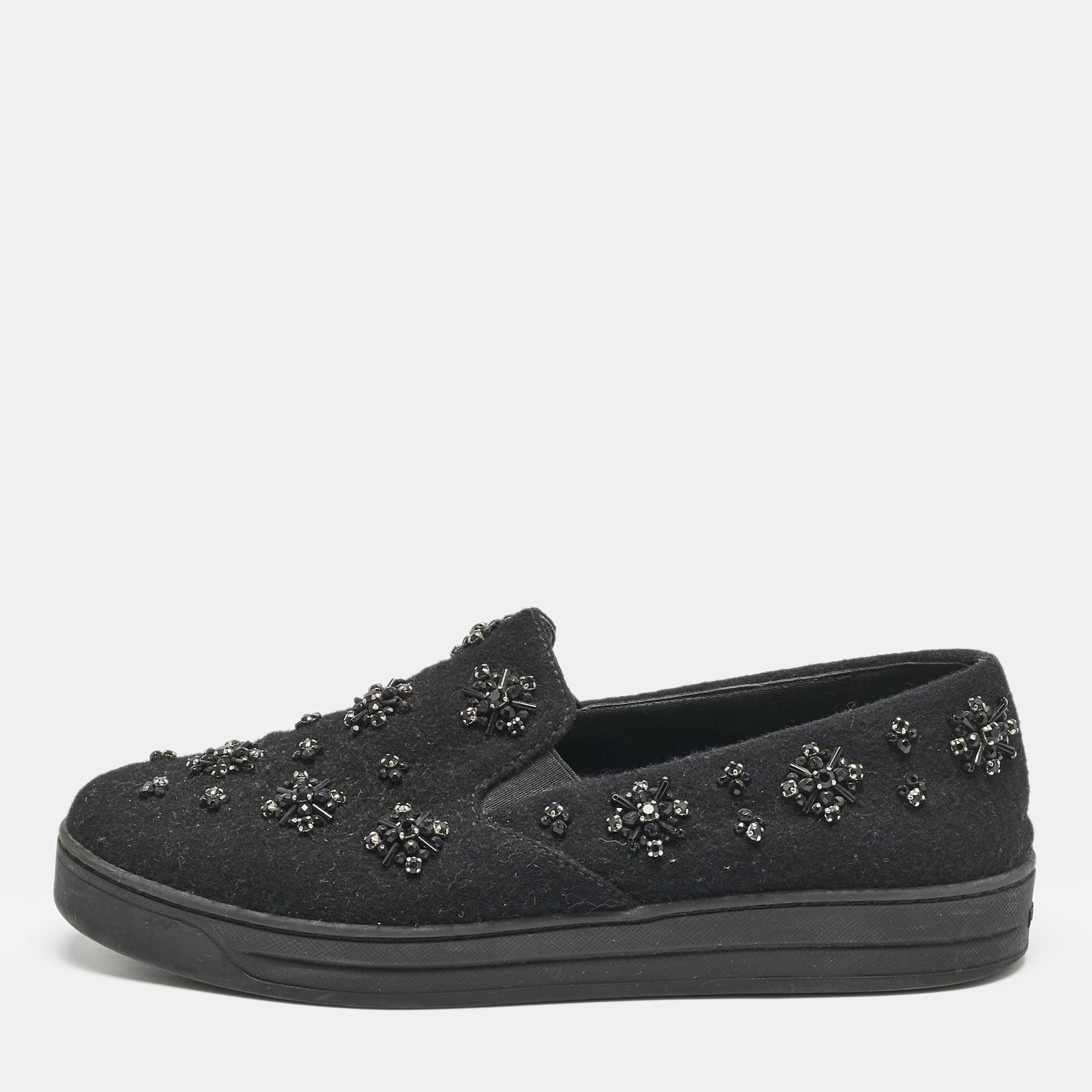 Prada Black Felt Crystal Embellished Slip-On Sneakers Size 39 EU