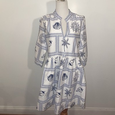 Calypso St.Barth Midi Dress Medium White / Blue Print Cotton Beach Resort Coast