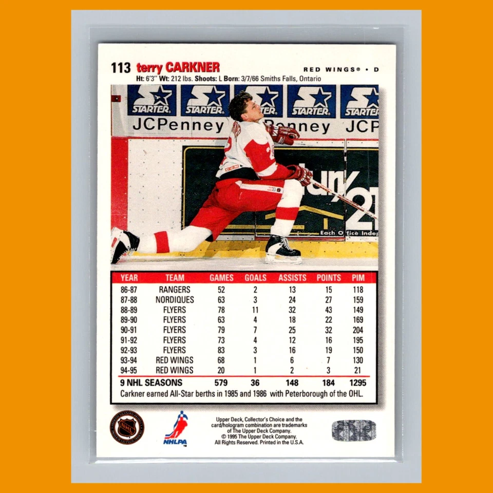 Terry Carkner #113 1995-96 Collectors Choice Players Club Platinum Hockey Card - Image 2 of 3