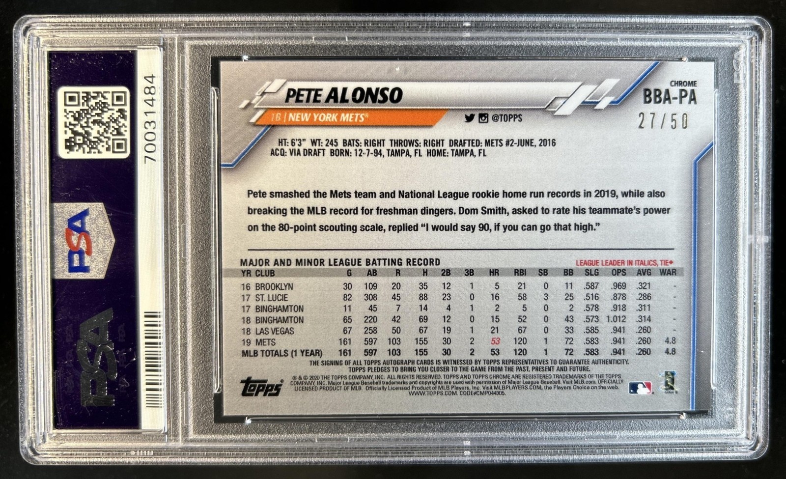 2020 Topps Chrome Ben Baller Edition Pete Alonso Auto Gold Refractor #/50 PSA 9 view 2