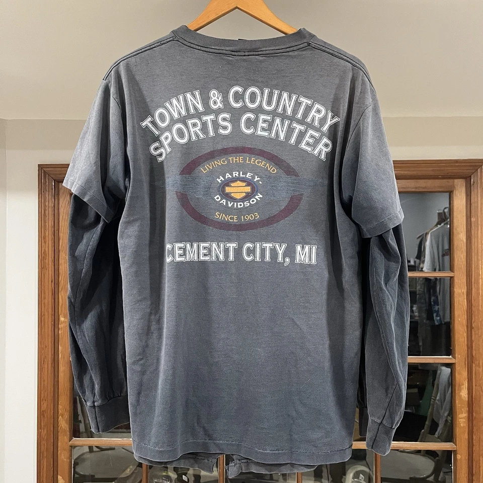 Camiseta Vintage Harley Davidson Cromada Chama Manga Longa Preta Desbotada Anos 90 Grande - Imagem 4 de 4