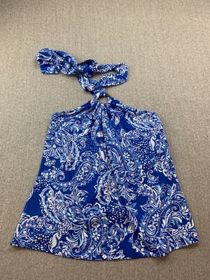 CeCe Ring Halter Blouse Top Womens Small Blue White Paisley Floral Resort Wear