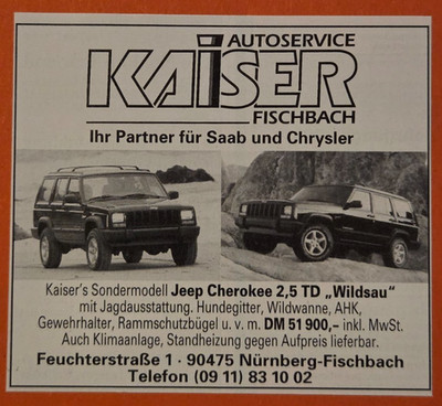 4. Jeep Cherokee 2,5 TD Autoservice Kaiser Werbeanzeige Werbung Reklame 1997