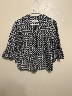 Jones New York 100%  Cotton Hidden Button Up Shirt Size L Print Black White