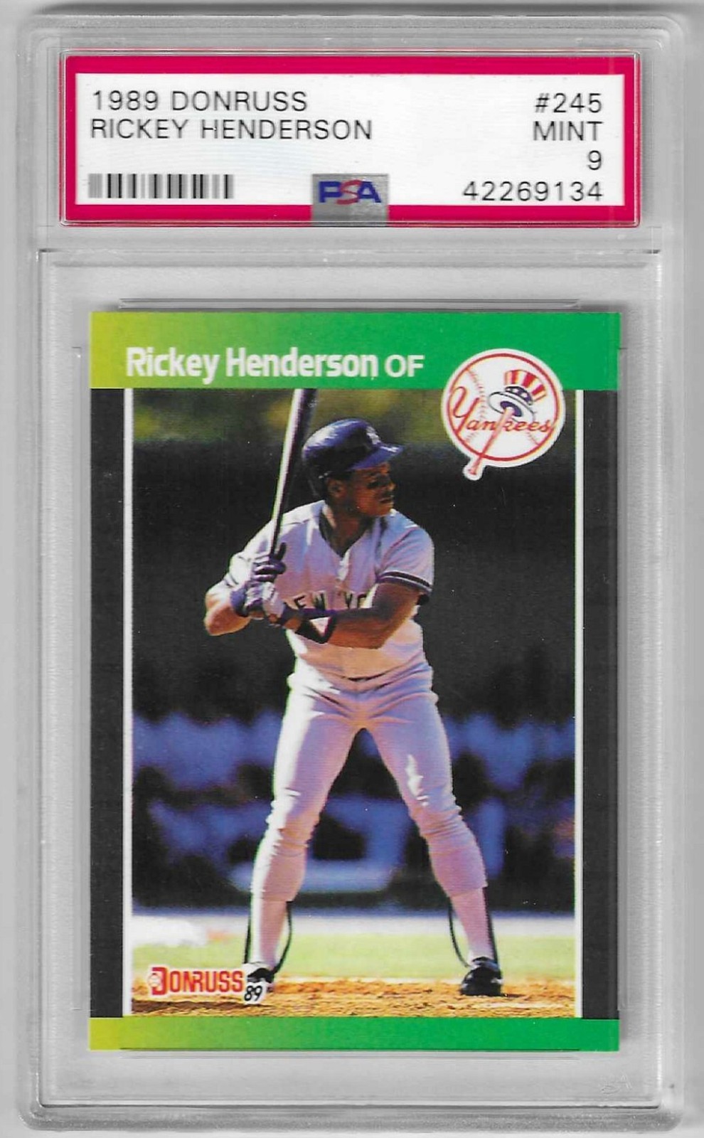 1989 Donruss Rickey Henderson #245 PSA 9 Mint Baseball Card.