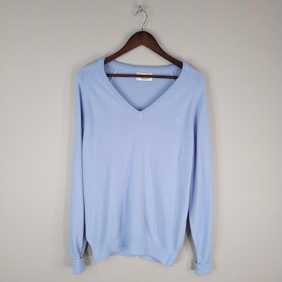 VINTAGE Christian Dior Sweater Mens Large Light Blue V Neck Made