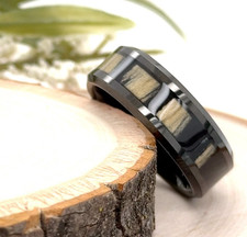 8mm Black Tungsten Christmas Gifts Ring Natural Wood Inlay Polished Finish Band