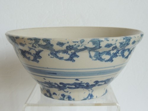 Antique 1900 Blue Banded 9" Mixing Bowl Spongeware Stoneware Primitive Pottery - Picture 9 of 9