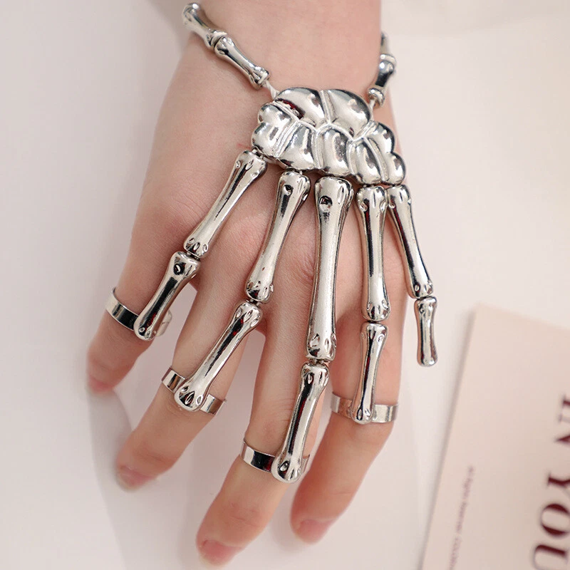 Silver Metal Hand Chain Wrist Bracelet Slave Rings Skeleton Skull Bones US Stock