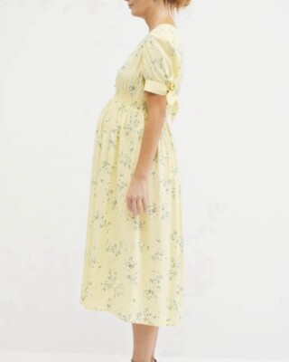 Motherhood Maternity Tie Sleeve Smock Waist Midi Maternity Dress in Yellow Meadow Floral Size Small | Rayon