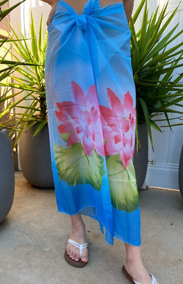 Sheer Sarong Blue Multicolor Lily Floral Beach Bikini Cover-up Wrap Skirt Dress