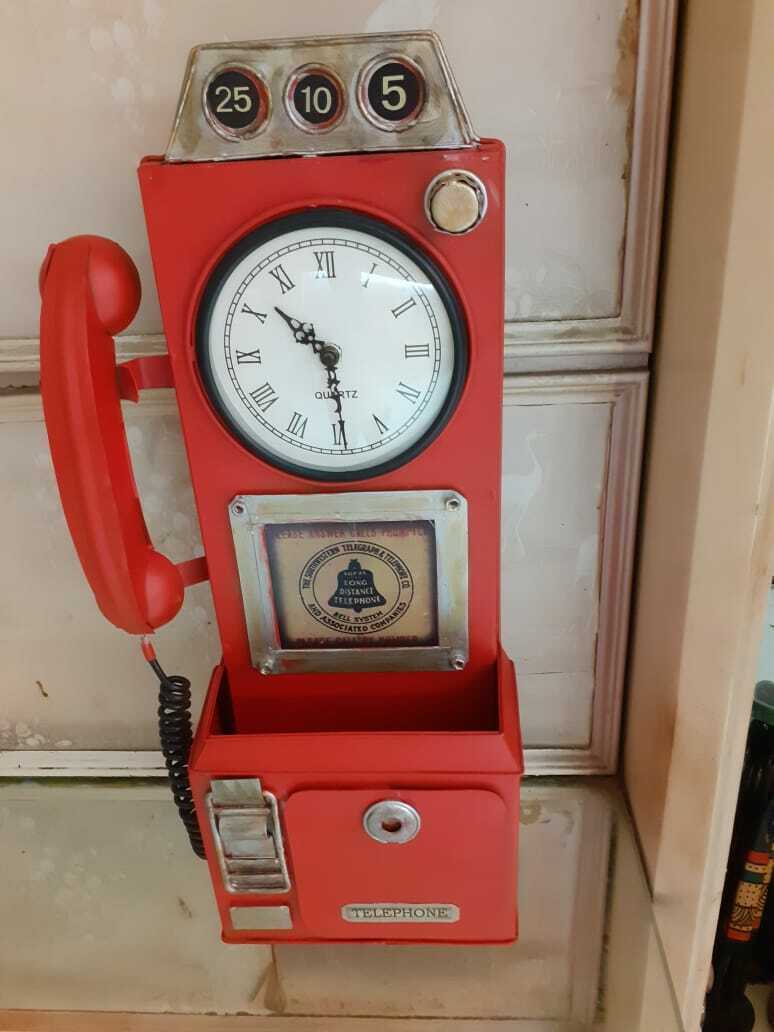 Metal Red Clock Phone Booth Victorian Vintage Home Art Deco Table/Wall