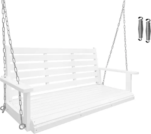 Wooden Porch Swing Bench 2-Seater Ergonomic Seat Outdoor Patio Garden Yard White