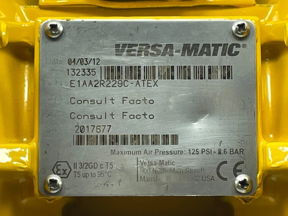 Versa-Matic E1AA2R229C- Atex Double Diaphragm Pump Aluminum Air Operated Buna 1″ - Image 2 of 4