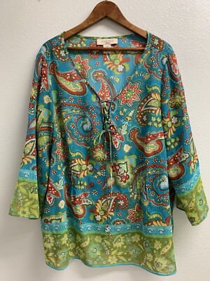 C.l.o.t.h.e.s WOMENS 2X SHIRT FLORAL PAISLEY TURQUOISE ORANGE GOLD BOHO