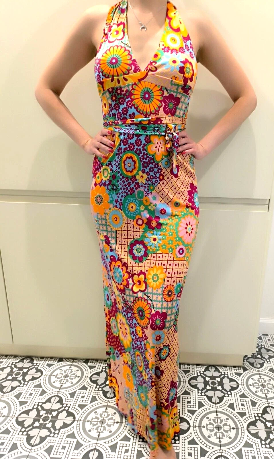 Moschino Jeans Donna Multicolore Floreale Maxi Abito Estivo Cravatta Vita Taglia US 10