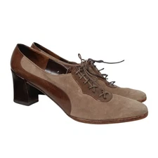 Vintage Charles Jourdan Brown Suede and Leather Lace-Up Heeled Oxford Shoes 9