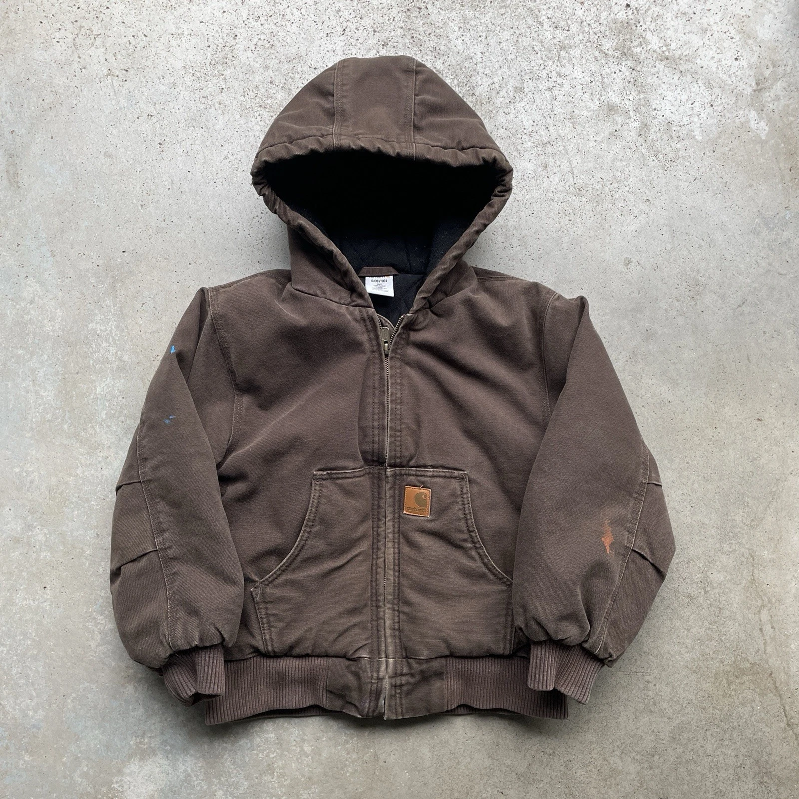Carhartt Hooded Active Jacket Brown Canvas Quilted Lined Youth Size Small 8/10