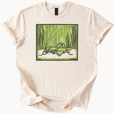 Grasshopper Art T Shirt Green Bug Nature Insect Graphic Tee Hand Drawn Design