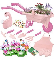 Kids Pink Gardening Tool Set Wheelbarrow Apron Gloves Flower Assembly Toys