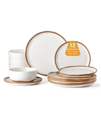 Plates and Bowls Set, 12 Pieces Farmhouse Ceramic Dinnerware Sets, Scratch Re...