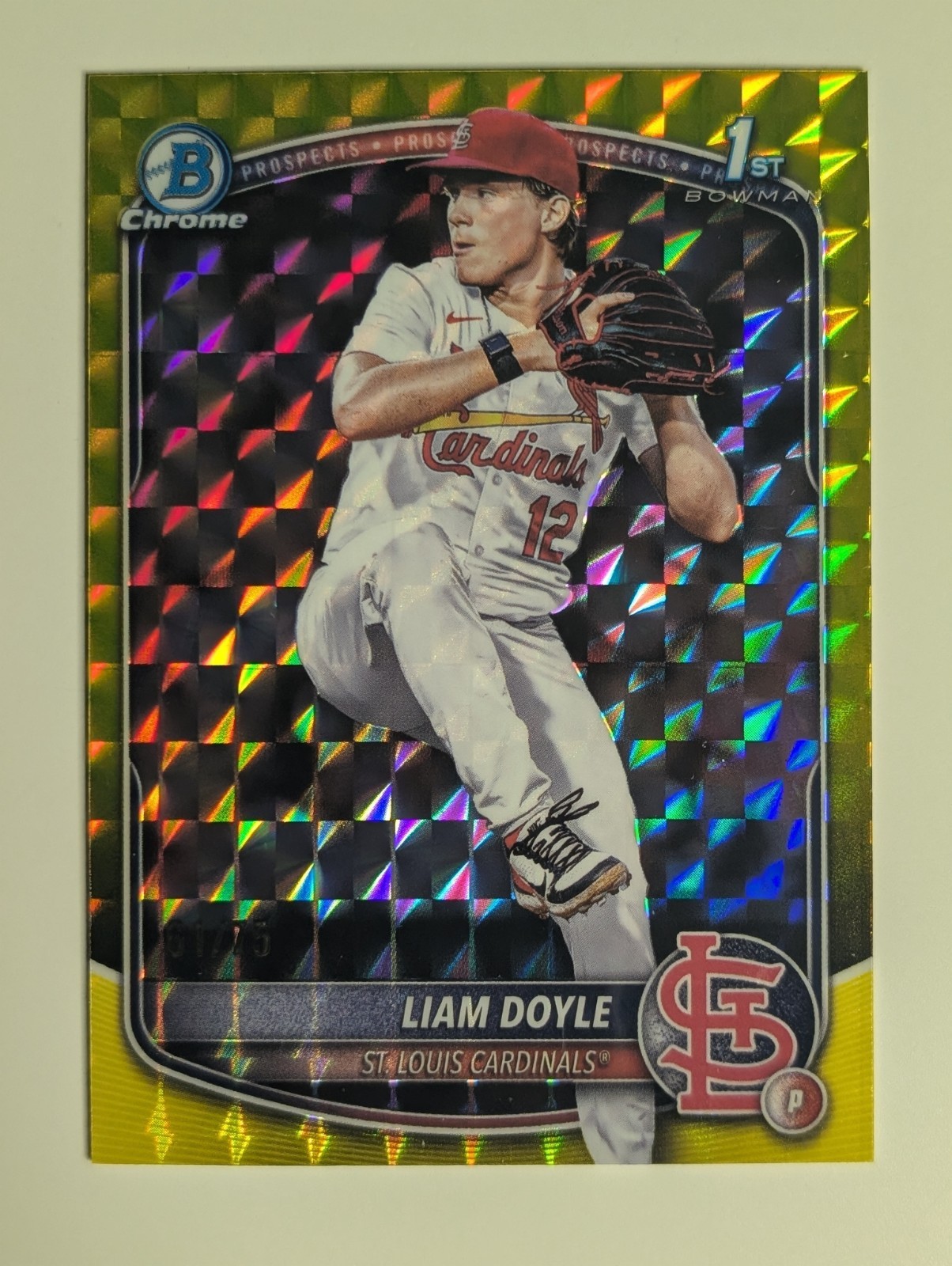 Liam Doyle 2025 Bowman Draft Chrome 1st Yellow Refractor /75 Cardinals