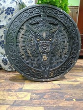 Handcrafted Viking Shield   Viking Wolf Wooden Shield   Fenrir Carved Round Shie