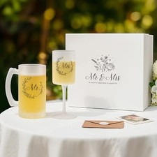 Mr  Mrs Wine Glass and Beer Mug Gift Set Set of 2  Gift box  Mr  Mrs  Frosted  
