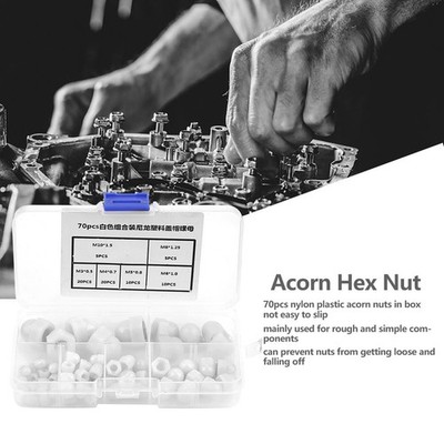 70pcs M3/M4/M5/M6/M8/M10 Nylon Acorn Nut Kit Dome Head Cap Hex Nuts (White)