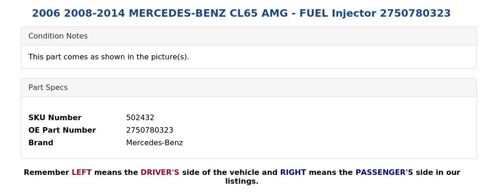 Mercedes-Benz Cl65 AMG 2006 2008-2014 - Inyector de combustible 2750780323 Foto 3 de 4