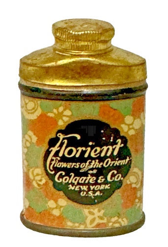 Vntg c1920s Full FLORIENT Colgate & Co SAMPLE Talcum Talc Powder Tin Adv, Litho