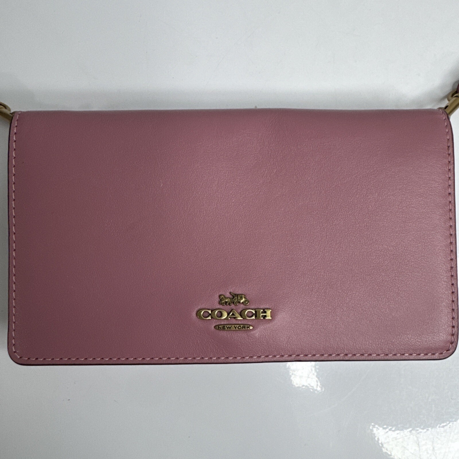 New Coach Smooth Leather Slim Crossbody Phone Bag in Rose Pink & Gold