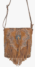 BROWN FRINGE WESTERN RHINESTONES  STUDS CROSSBODY BAG CONCEALED PURSE SHOULDER