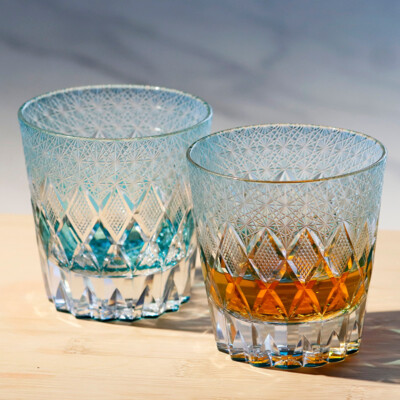 1 Set Of 2Pcs Vintage Hand Cut 10oz Sky Blue Crystal Whiskey Glasses Tumblers