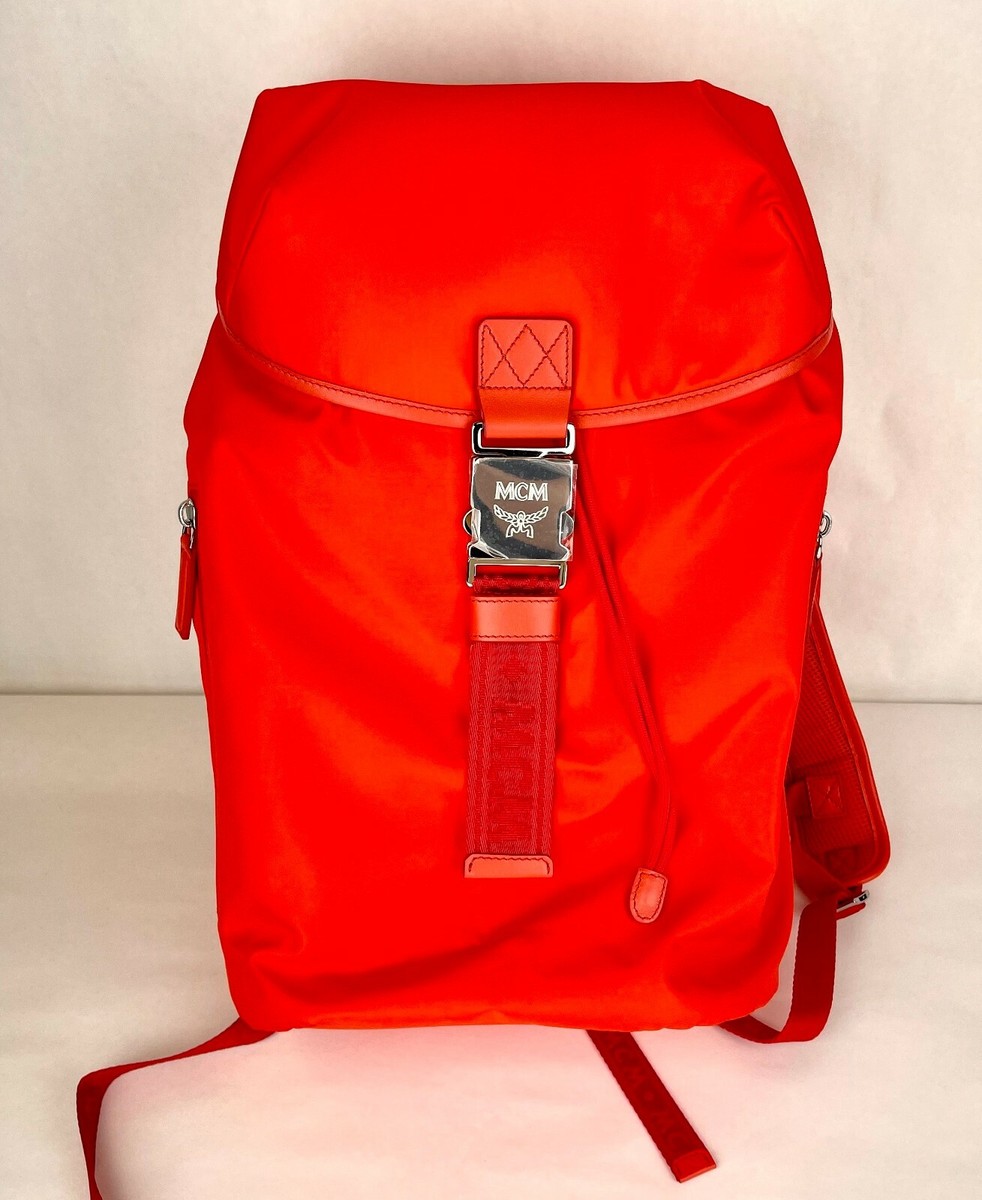 $2230 MCM Orange Red Nylon Luft Hoodie Backpack /Detachable Hood