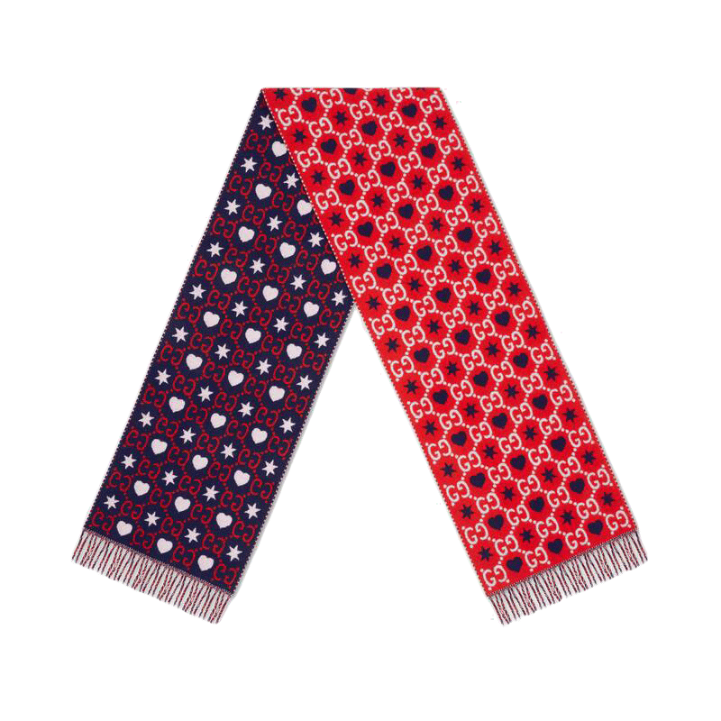 Gucci★素敵!SF Giant Blue Red Ivory Wool Blend Long Scarf Gucci Red/Blue Wool GG Hearts Stars Pattern and Fringe Long