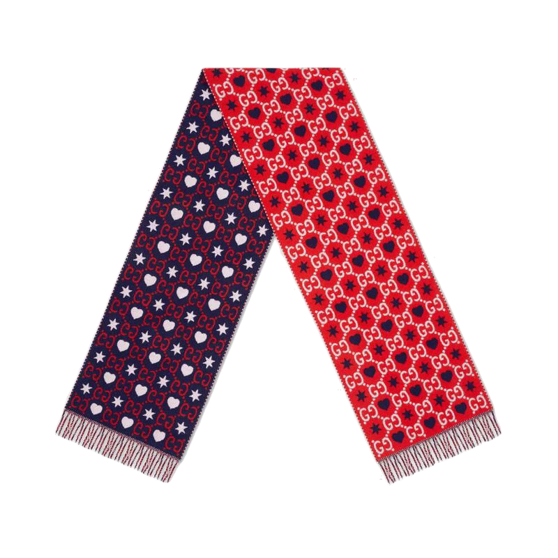 Foulard long motif et frange Gucci laine rouge/bleu GG Hearts Stars 601176 6468